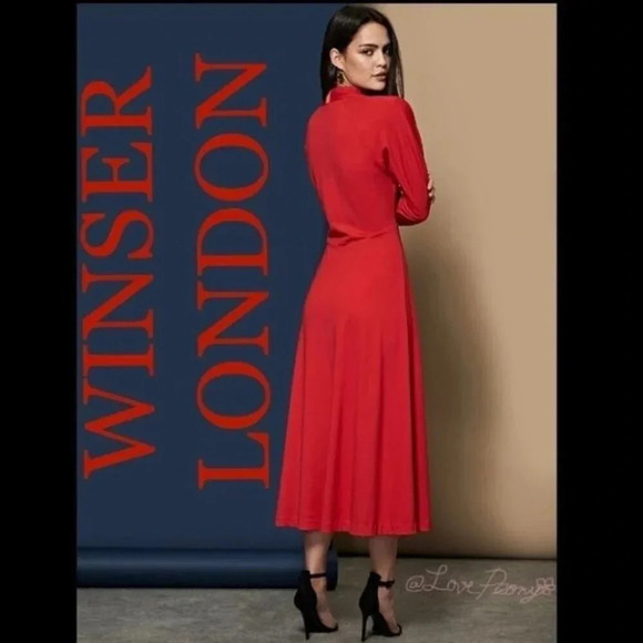 Winser London Flared Bow Detail Midi Dress Red - Picture 2 of 14